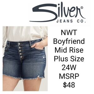 NWT Silver Jeans Co Mid Rise Luxe Stretch Frayed Hem 6in Boyfriend Plus Size 24W